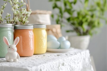 Beautifully arranged diy easter table decoration with painted eggs and spring elements for celebration