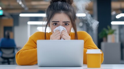 A young woman at her desk in an office, sneezing into a tissue while surrounded by coworkers.