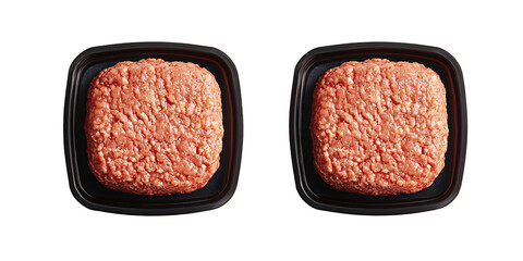 Two square black containers of fresh ground beef patties,
