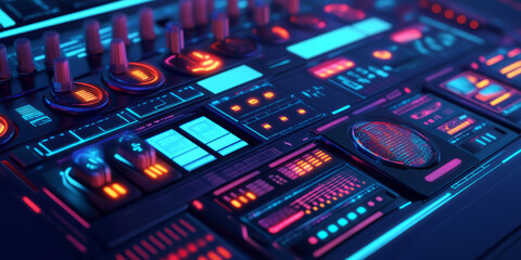 Obraz premium A high-tech 3D background featuring a futuristic control panel with illuminated buttons, holographic displays, and digital interfaces. The intricate details and glowing neon accents convey an advanced