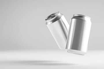Aluminum soda can mockup with multiple cans arranged on white background for branding, packaging, and product presentation design
