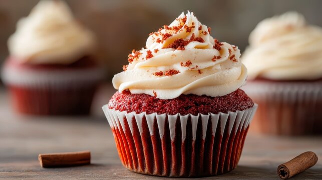 A beautifully arranged red velvet cupcake with a luxurious cream cheese frosting mountain, detailed with red velvet crumbs, ideal for a stunning dessert display.