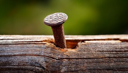 Close-up of a Rusted Nail Embedded in a Piece of Weathered Wood Against a Blurred Green Background