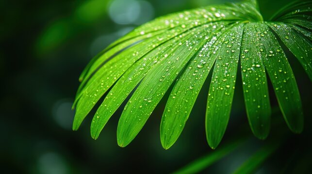 A vibrant green leaf, the heart of the tropical rainforest, cradles the smooth texture of a palm frond, a testament to nature is artistry.