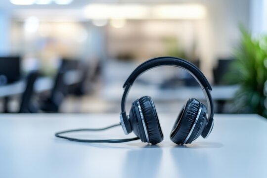 Close up of headset and phone on office table, ideal for business customer service and support