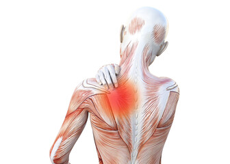 Naklejka premium 肩こりで肩を押さえて痛みをほぐす女性と痛みのイメージ 上半身後ろ姿