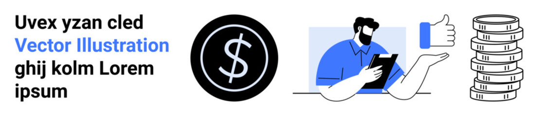 Dollar sign circle, man holding tablet, thumbs-up icon, stacked coins. Ideal for finance, business, consulting, investments, savings digital banking simple landing page
