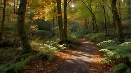 Obraz premium Forest path blanketed in autumn leave with sunlight streaming through towering ancient trees