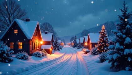 Fototapeta premium Snow-covered village scene with festive lights, Holiday decorations, Wintery scene, Sparkling snow
