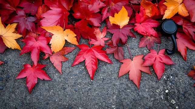 Autumn leaves and camera lens cap on asphalt.