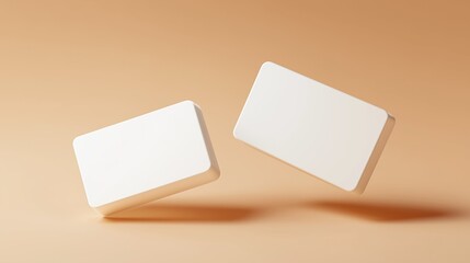 Two blank business cards floating in the air, simple background, 3D rendering, simple design.