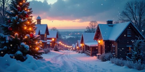 Fototapeta premium Snowflakes gently fall on a festive cityscape at dusk, season, winter, city