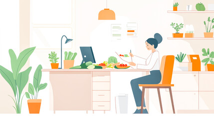 Fototapeta premium A nutritionist working in an office, creating a personalized diet plan on a table while incorporating fresh vegetables. A sports trainer promoting a healthy lifestyle and wellness