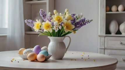The concept of a bright Easter holiday. Retro home interior with Easter decor. Spring flowers in a white vase and Easter eggs in pastel shades.