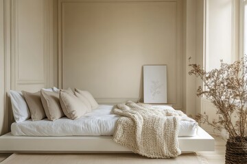 A calming bedroom with a neutral color scheme, soft cream walls, a white platform bed, and a woolen throw blanket,