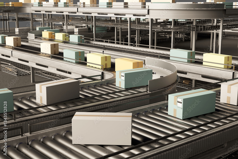 Poster a high-tech automated conveyor system transporting various cardboard packages in a logistics or dist