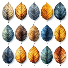 Obraz premium Muted Autumnal Watercolor Leaves on White Background
