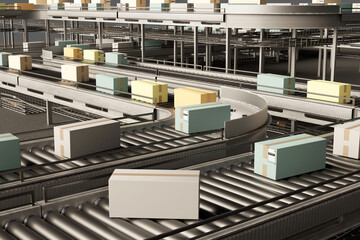 A high-tech automated conveyor system transporting various cardboard packages in a logistics or distribution center, optimizing shipping and delivery processes 3d image