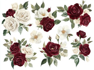 Romantic Watercolor Rose Clipart – Burgundy and Cream Vintage Floral Arrangement for Wedding Invitations, Greeting Cards, and Elegant Graphic Design Projects