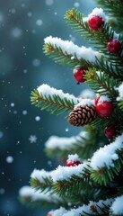 Snowy Christmas tree branch with pinecones and berries, snowy, branch