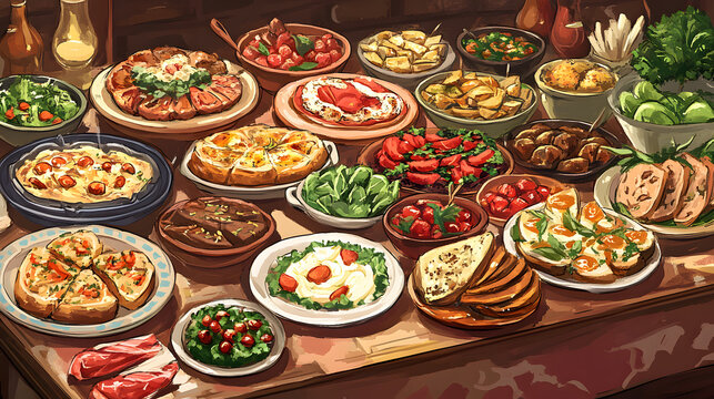 A vibrant array of homemade dishes on a table ready for a potluck dinner celebration with friends and family in a warm inviting environment.