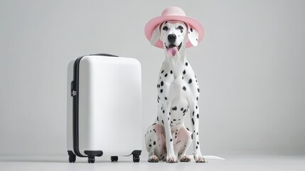 dalmatian dog with suitcase and hat ready against white background, pet friendly summer vacation in a family hotel
