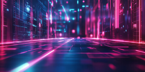 A cyberpunk 3D background with a digital city grid, where neon-lit pathways glow against a dark, metallic floor. The design represents technology, data networks, and virtual reality.