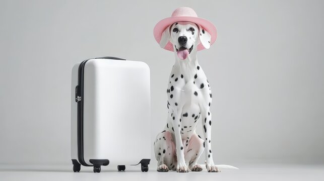 dalmatian dog with suitcase and hat ready against white background, pet friendly summer vacation in a family hotel
