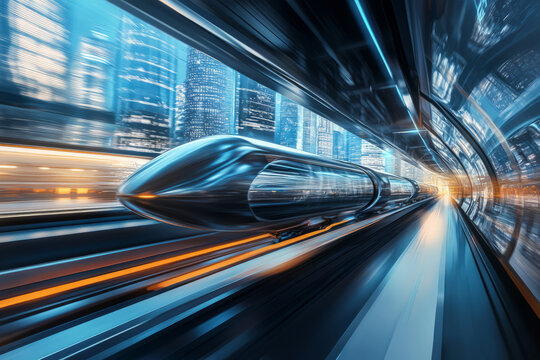 A futuristic 3D background of a high-speed hyperloop station, where sleek passenger pods levitate above magnetic tracks. Transparent walls reveal the breathtaking speed at which the city rushes past,