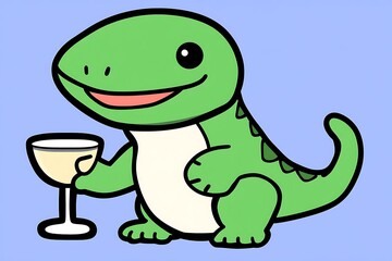 Obraz premium Green Cartoon Dinosaur Holding A Glass Of Beverage Happily