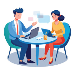 Partners meeting for business discussion with documents and laptop on desk. Couple at round table, speaking, discussing work, partnership. Flat vector illustration isolated on white background
