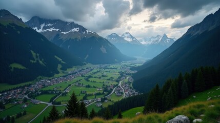 Obraz premium Aerial view of Engadin Valley, Switzerland, at dusk under heavy rain. Dark clouds, mist-covered hills, and wet landscapes enhance the dramatic and mysterious mood.