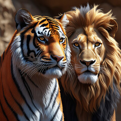 Placeholder
A close-up shows a tiger and lion side-by-side. Their golden eyes stare directly at the viewer, showcasing their power and grace.