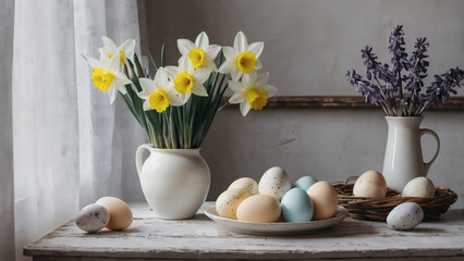 The concept of a bright Easter holiday. Retro home interior with Easter decor. Spring flowers in a white vase and Easter eggs in pastel shades.