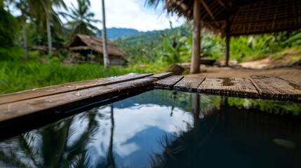 Naklejka premium Serene Hot Spring Retreat in Tropical Locale Surrounded by Lush Greenery and Thatched Structures