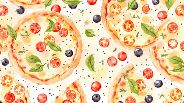 Delicious Pizza Slices Watercolor Seamless Pattern on White