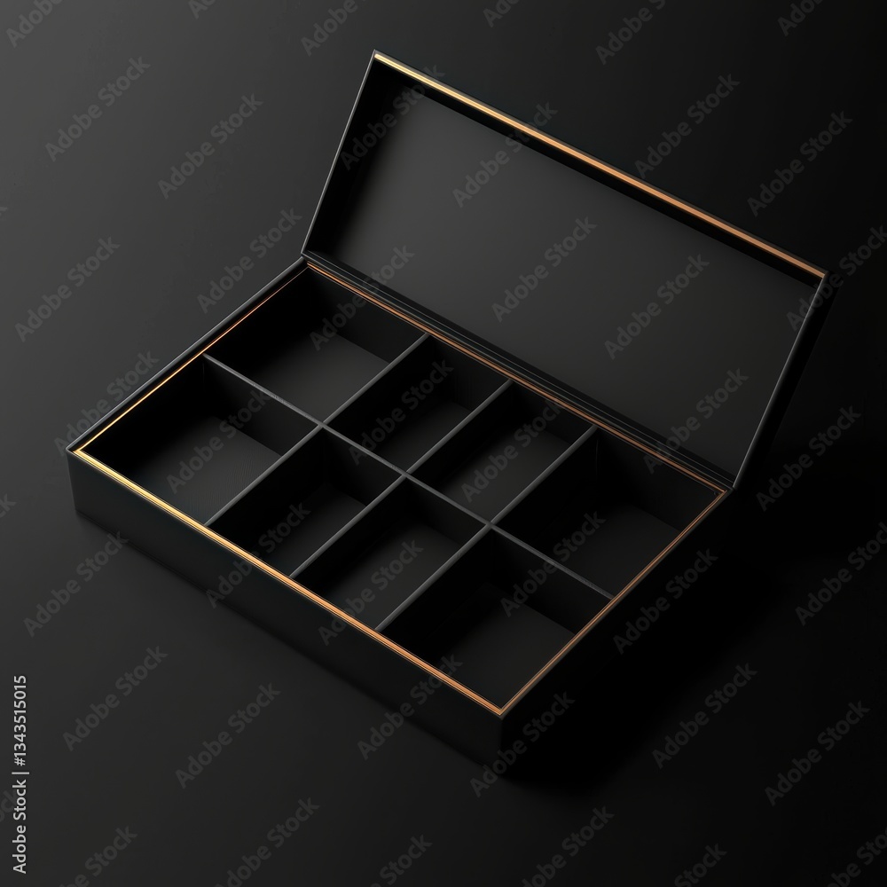 Poster high-resolution flat design layout of a trading card packaging box, showcasing structured compartmen