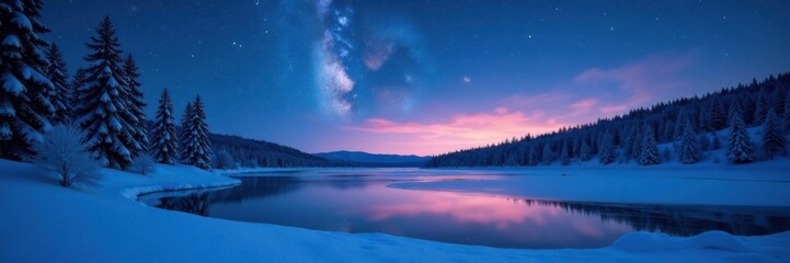 Fototapeta premium Snowy starry night with frozen lake and trees, tree, cold, starry night