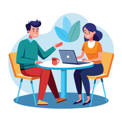 Partners meeting for business discussion with documents and laptop on desk. Couple at round table, speaking, discussing work, partnership. Flat vector illustration isolated on white background