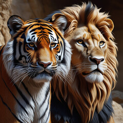 Placeholder
A striking image of a tiger and lion standing side-by-side. The animals are rendered with rich detail, highlighting their distinctive features.