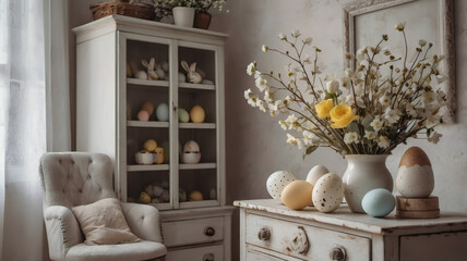 The concept of a bright Easter holiday. Retro home interior with Easter decor. Spring flowers in a white vase and Easter eggs in pastel shades.