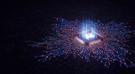 Illuminated ai chip with glowing blue and red circuit connections on a dark background surface