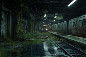 Obraz premium A post-apocalyptic 3D background of an overgrown subway station. Vines creep through the cracked concrete, and pools of water reflect the flickering emergency lights. A long-forgotten train, rusted