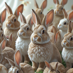Placeholder
A cluster of tan rabbits fills the frame, their alert ears standing tall. Used as a sample image on a stock website, the keyword suggestions include "rabbit", "animal", and "easter".