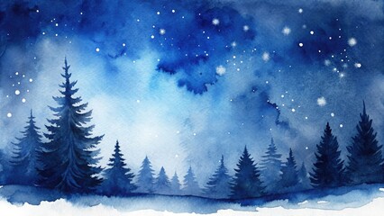 Fototapeta premium A navy blue watercolor Christmas banner, featuring abstract winter snow, creates a dark blue, artistic winter wonderland.