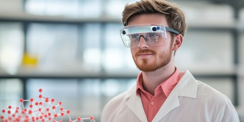 Science performance progress results concept. Scientist wearing smart glasses in a laboratory setting.