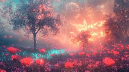 Obraz premium Dreamlike sunset over a field of red poppies and trees.