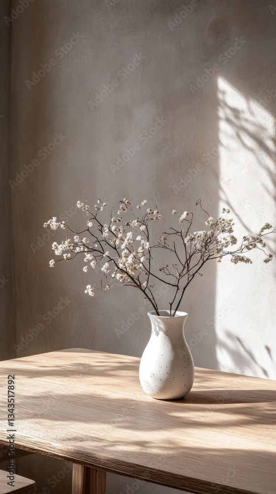 Aufkleber a delicate vase holds white flowers, surrounded by wooden textures. soft sunlight filters through, c