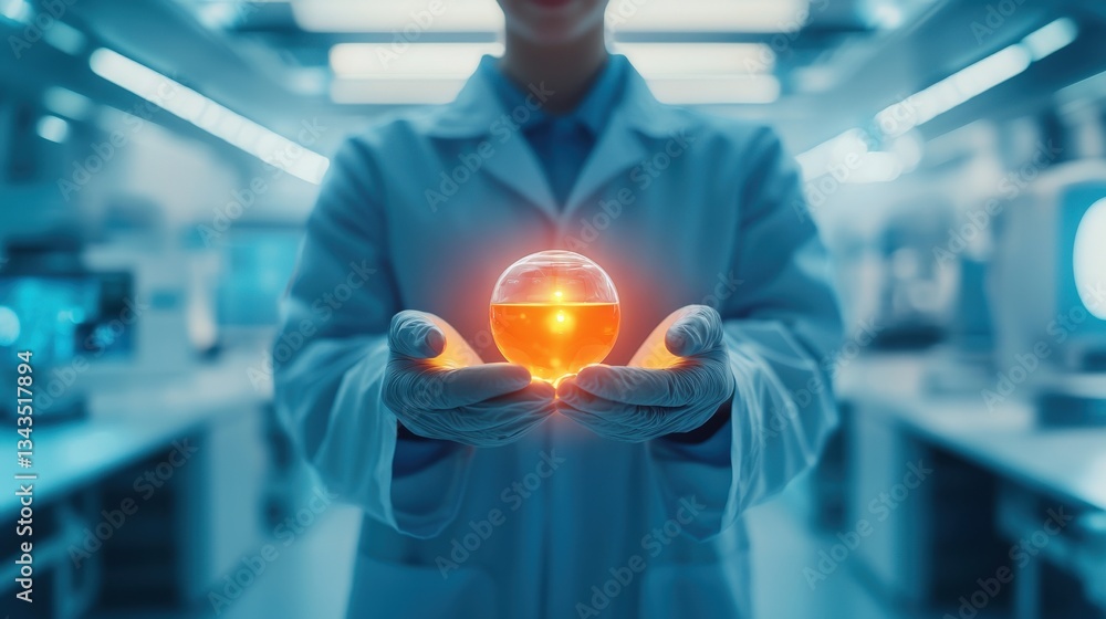 Poster science performance progress results concept. scientist holding a glowing orb in a modern lab enviro