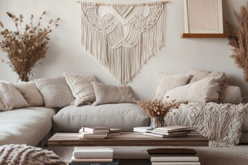 A chic boho living room with a neutral palette, a variety of textures, macram??A(C) wall art, and a low coffee